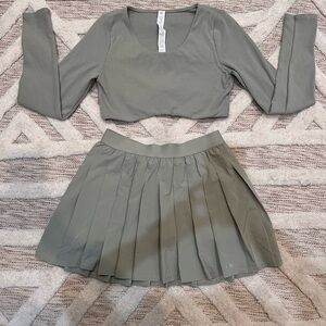 Set! ALO yoga Olive limestone green Varsity Tennis Skirt(M) & Ribbed Crop Top(L)